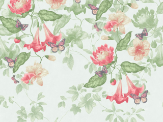 Groen Tapete Asterid - Mint von Little Greene mit rosa Blumen