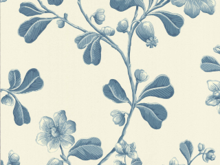 Broadwick Street - Balsam Tapete mit weißem Hintergrund, blauen Blumen und Blättern