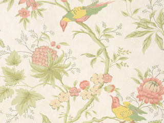Vogeltapete mit bunten Blumen und Beeren von Little Greene - Brooke House - Stoff