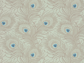 Carlton House Terrace - Copper Tapete mit beigen Pfauenfedern und blauen Akzenten