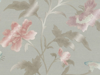 Little Greene Tapete mit großen bunten Blumen Chine Rose - French Grey Lustre
