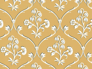 Cranford - Wheat Tapete von Little Greene in der Farbe Ockergelb mit weißen Schnörkeln und Blumen
