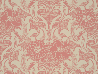Dahlia Scroll - Carmine Tapete von Little Greene mit großen rosa Blumen und Schnörkeln
