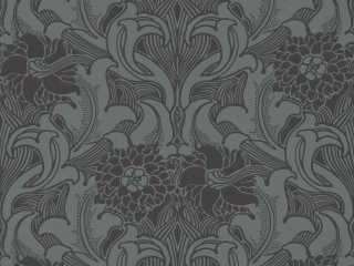 Little Greene Tapete mit reicher Verzierung von Blumen und Schnörkeln im tiefblauen Dahlia Scroll - Etruria