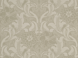 Dahlia Scroll - French Grey beige Tapete mit einem klassischen Blumen- und Schnörkel-Design von Little Greene