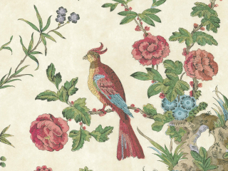 Darwin - Provence Tapete von Little Greene mit roten und blauen Blumen und großen bunten Vögeln