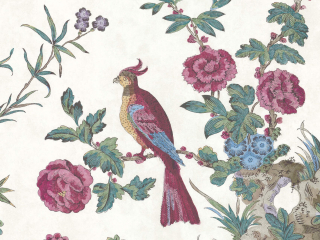 Bunte Tapete mit zierlichen Zweigen, Vögeln und Blumen, in denen sich verschiedene Farben wiederholen Darwin - Serein