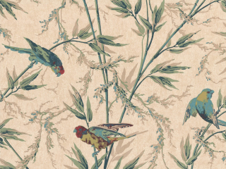 Little Greene Tapete Great Ormond Street - Parchment mit blauen Vögeln und grünen Ziergräsern