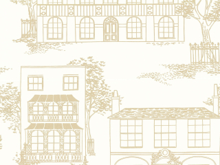 Gezeichnete Tapete mit Häusern in verschiedenen Stilen und mit Bäumen Hampstead - Cloister von Little Greene
