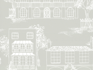 Graue Tapete mit groß gezeichneten Häusern und weißen Linien Hampstead - Cool Grey