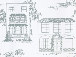 Hampstead - Glass Tapete von Little Greene mit gezeichneten Häusern und zierlichen Bäumen