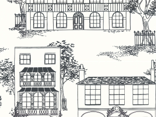 Hampstead - Ink in weiß, Tapete von Little Greene, darauf sind Häuser in verschiedenen Stilen schwarz gezeichnet