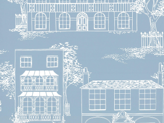 Hampstead - James Blue Tapete von Little Greene mit einem blauen Hintergrund und weißen Häusern