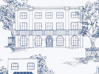 weiß-blaue Tapete Hampstead - Mid Blue mit Häusern, die bekannt sind