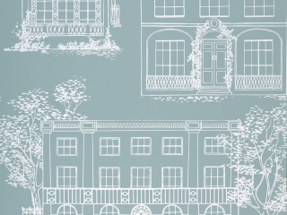 Hampstead - Penumbra ist Tapete in Blau und Grün mit weißen Zeichnungen von Häusern in verschiedenen Stilen.
