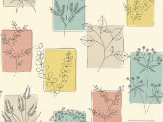 Little Greene Tapete mit rosa, gelben, blauen und taupefarbenen Rechtecken, in denen einfache Blumen mit einer dünnen schwarzen Linie gezeichnet sind Herbes - Cocktail