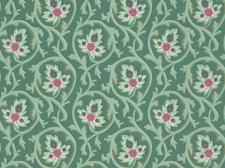 Tapete in grüner/blauer Farbe mit einem Muster aus Schnörkeln und Blumen und kleinen knallig-rosa Akzenten Hoja - Pleat