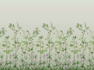 Bird & Bluebell - Pea Green von Little Greene mit Vögeln, Bäumen und Blumen