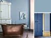 Little Greene - Grey Stone 276 an der Wand im Badezimmer mit einer freistehenden kupferfarbenen Badewanne