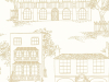 Gezeichnete Tapete mit Häusern in verschiedenen Stilen und mit Bäumen Hampstead - Cloister von Little Greene