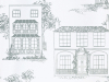 Hampstead - Glass Tapete von Little Greene mit gezeichneten Häusern und zierlichen Bäumen