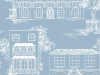 Hampstead - James Blue Tapete von Little Greene mit einem blauen Hintergrund und weißen Häusern
