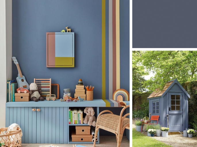 Little Greene - Juniper Ash 115 an der Wand und am Gartenhaus