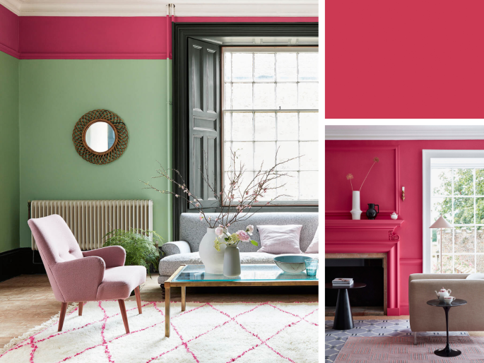 Little Greene - Leather 191 als Rand, schmale Fläche an einer grünen Wand mit einer weißen Decke
