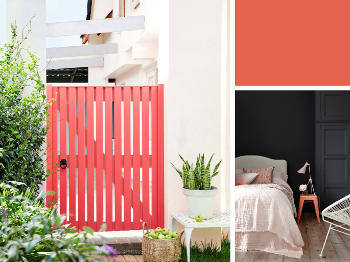 Little Greene - Orange Aurora 21 bei einem Wohnhaus auf einem hölzernen Gartenzaun