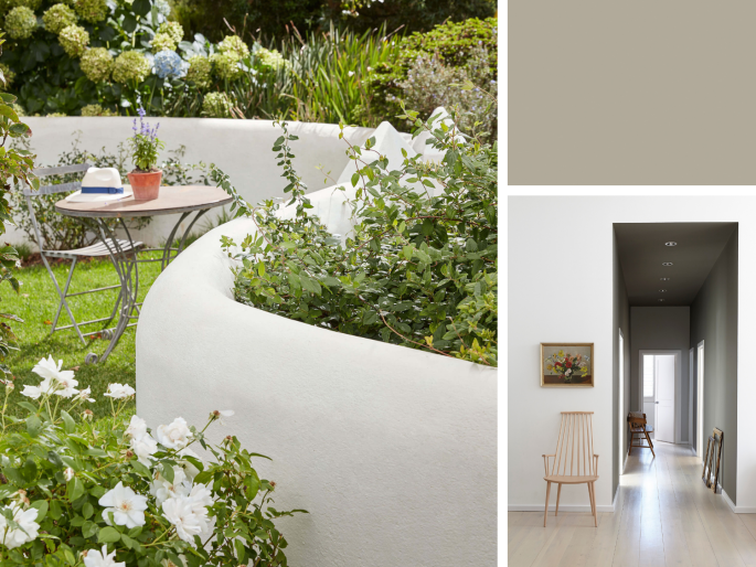 Little Greene - Cool Arbour 232 in einem Beet mit einer organischen Form im Garten