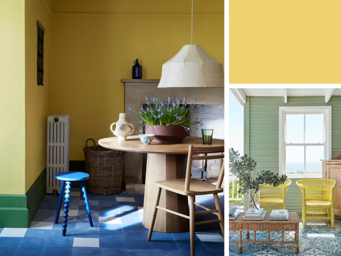 Little Greene - Indian Yellow 335 auf Gartenmöbeln und Innenwänden