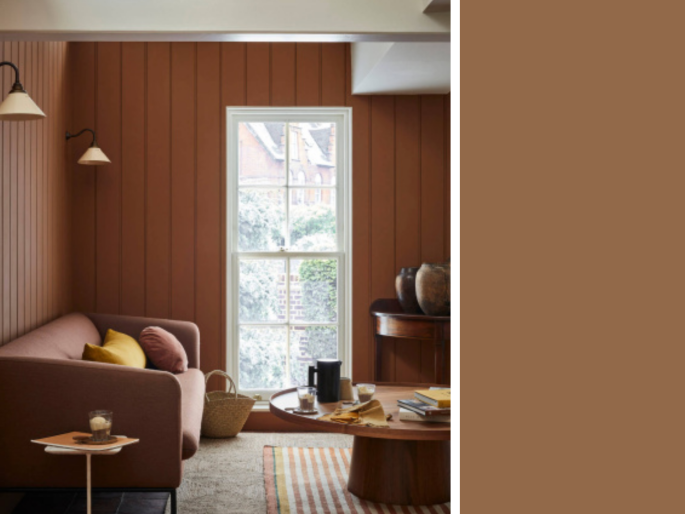 Little Greene - Affogato 342 in einem Holzhaus auf den hölzernen Wänden