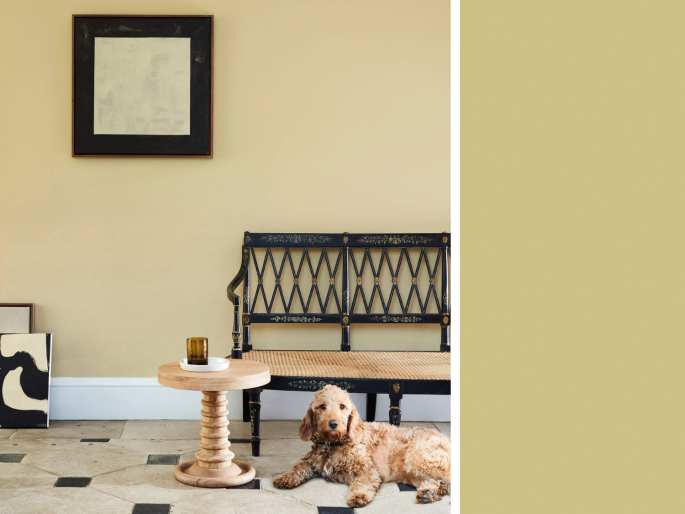 Little Greene - Oak Apple 63 an der Wand angebracht mit einer Holzbank und einem Tisch davor