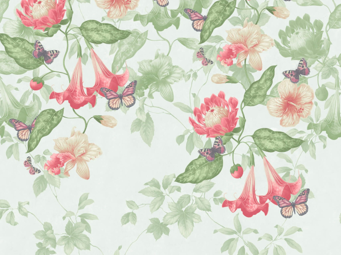 Groen Tapete Asterid - Mint von Little Greene mit rosa Blumen