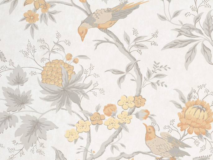 Little Greene Brooke House - Cinder Tapete mit Vögeln in Grau und Blumen in Orange