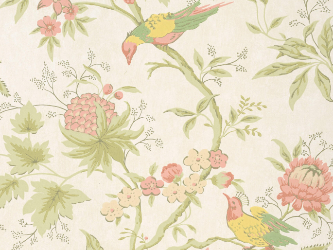 Vogeltapete mit bunten Blumen und Beeren von Little Greene - Brooke House - Stoff