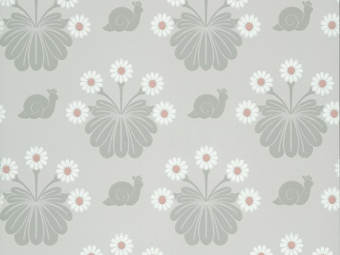 Burges Snail - Silver Tapete mit Graue Farbtöne, darunter Schnecken und fröhliche Blumen von Little Greene