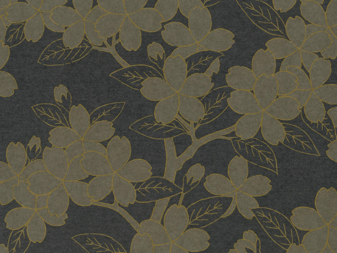 Dunkelbraune Tapete mit Blumen und goldenen Akzenten Camellia - Charcoal von Little Greene