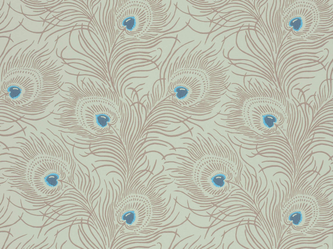 Carlton House Terrace - Copper Tapete mit beigen Pfauenfedern und blauen Akzenten