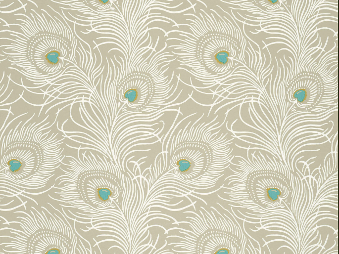 Little Greene Carlton House Terrace - Pompon Tapete mit türkisfarbenen Akzenten und weißen Pfauenfedern