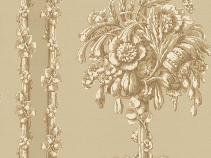 Little Greene Chelsea Bridge - Halcyon eine gelb/braune Tapete, die reichlich mit Blumen und Blättern verziert ist