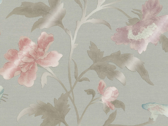 Little Greene Tapete mit großen bunten Blumen Chine Rose - French Grey Lustre