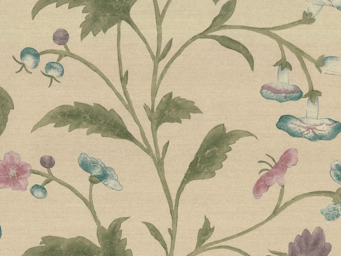 China Rose - Sage-Tapete mit großen Blumen und Blättern von Little Greene