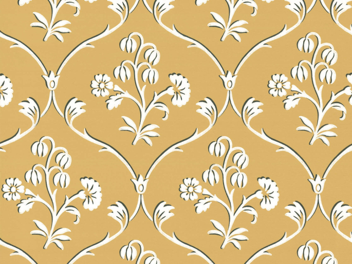 Cranford - Wheat Tapete von Little Greene in der Farbe Ockergelb mit weißen Schnörkeln und Blumen