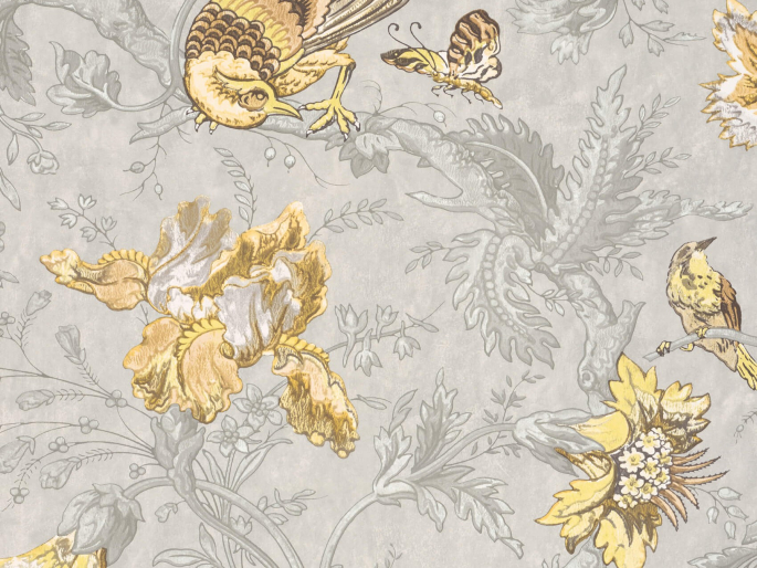 Little Greene Tapete Crowe Hall Lane - Gilt mit Vögeln in gelb und Blumen