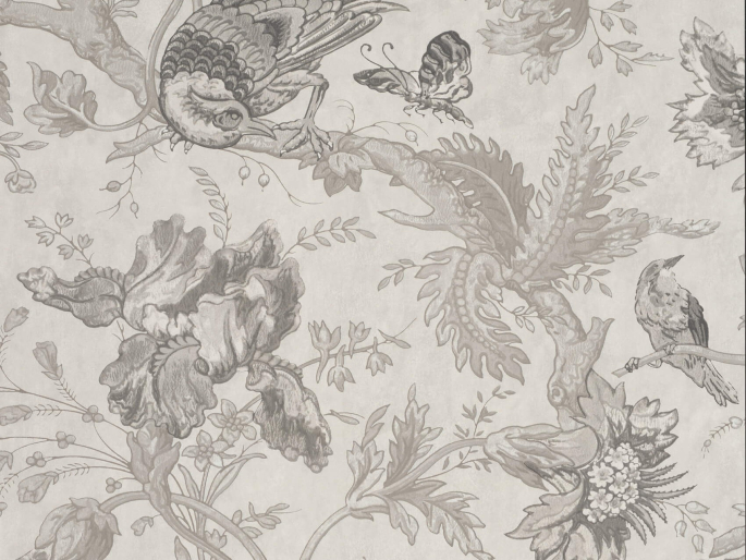 Graue Tapete mit Vögeln und Blumen Crowe Hall Lane - Nuage von Little Greene