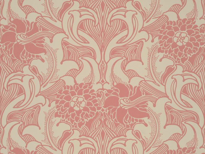 Dahlia Scroll - Carmine Tapete von Little Greene mit großen rosa Blumen und Schnörkeln