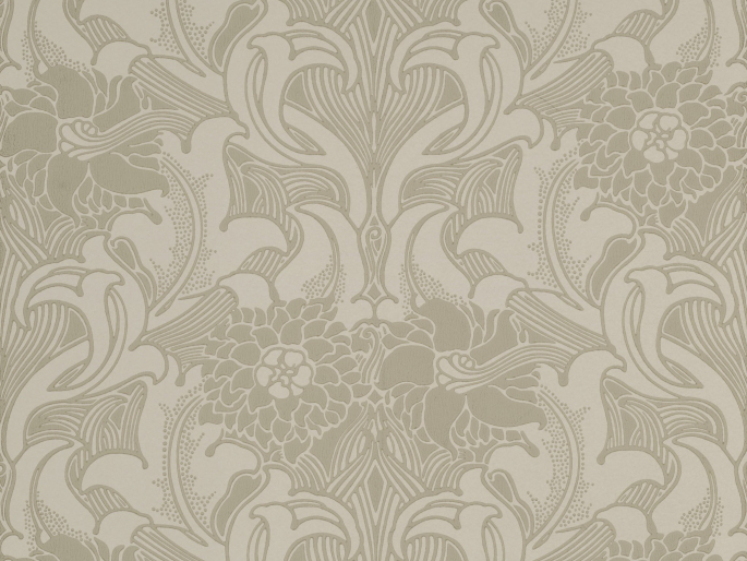 Dahlia Scroll - French Grey beige Tapete mit einem klassischen Blumen- und Schnörkel-Design von Little Greene