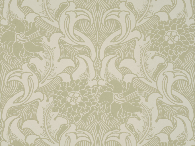 Blumentapete mit einer grünen/grauen Farbe und zierlichen Locken von Little Greene Dahlia Scroll - Mirror