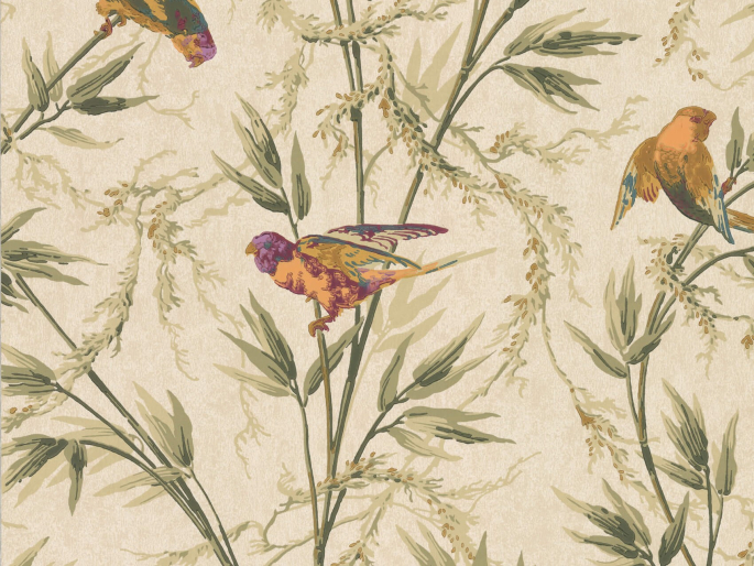 Great Ormond Street - Stable Tapete von Little Greene mit lila und orange Vögeln